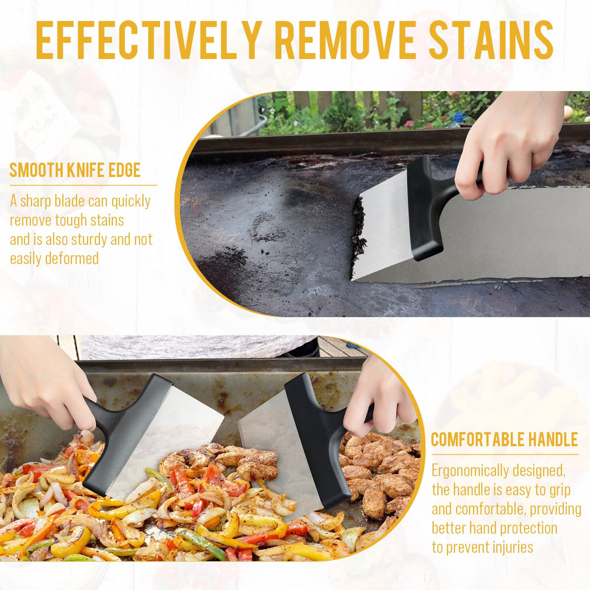 AWEASROY griddle scraper with easy-grip handle delivering controlled pressure