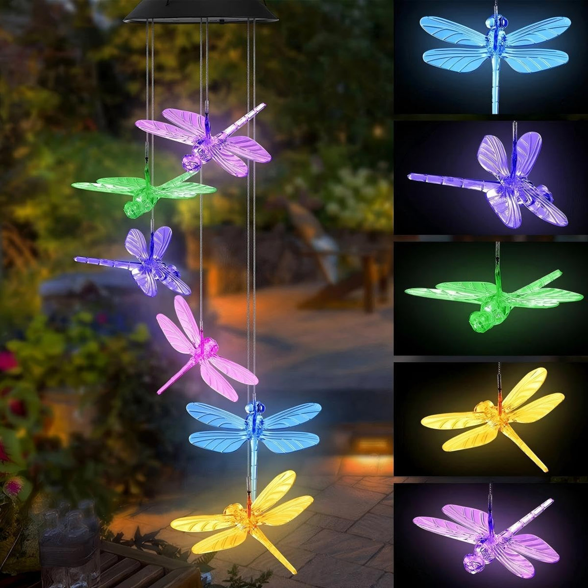 AWENDIETOU dragonfly solar wind chimes illuminate the garden with a soft multicolor glow.