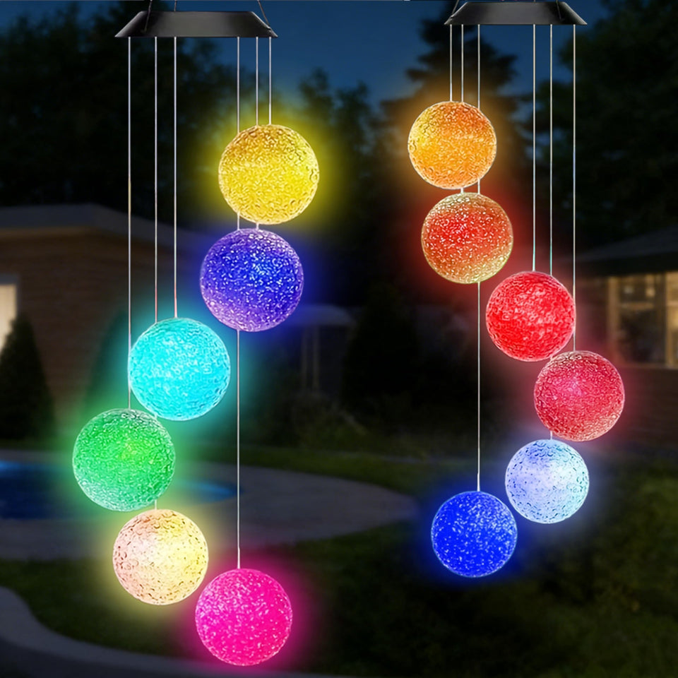 AWENDIETOU Solar Wind Chime crystal ball close-up with color-changing glow for magical garden nights.