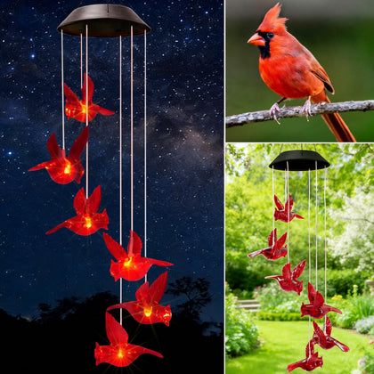 AWENDIETOU cardinal solar wind chime outdoors with red bird glow at dusk