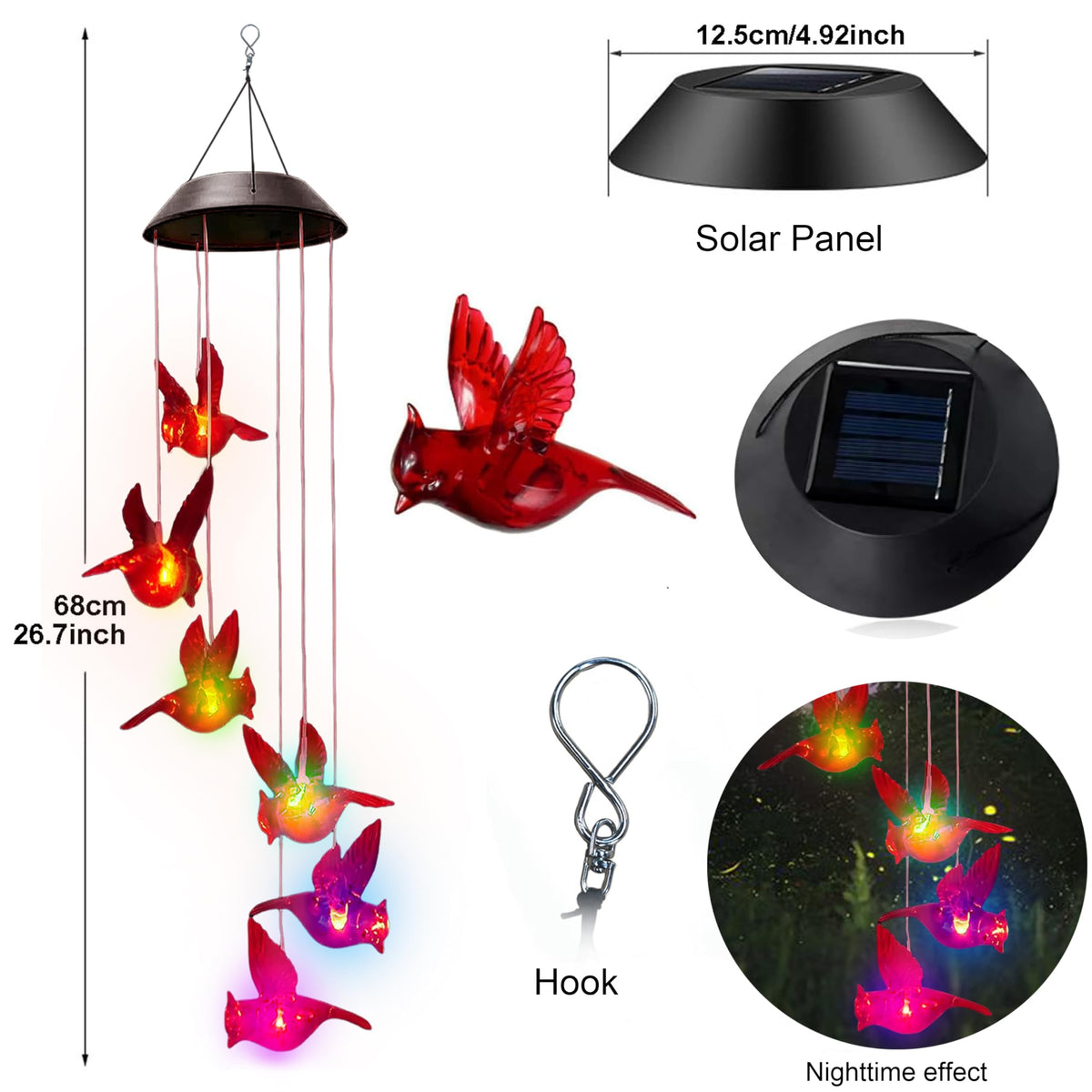 AWENDIETOU red bird wind chime with solar lighting for garden