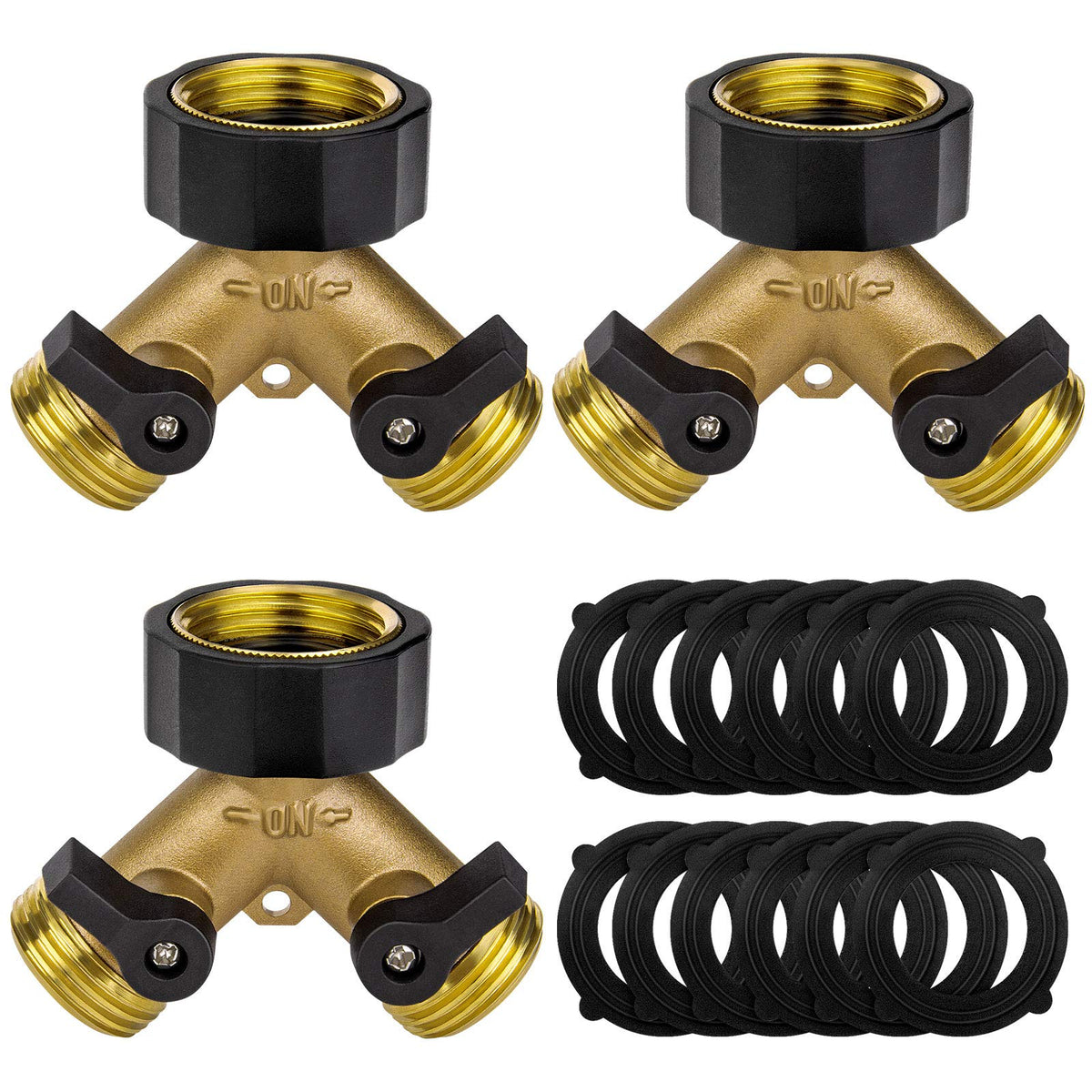 Awpeye brass 2-way hose splitter close-up showing durable, leak-free performance for outdoor watering.