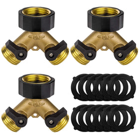 Awpeye brass 2-way hose splitter close-up showing durable, leak-free performance for outdoor watering.