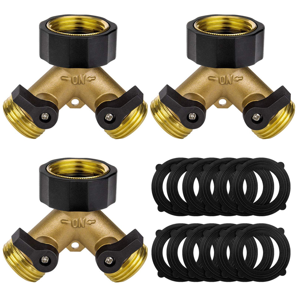 Awpeye brass 2-way hose splitter close-up showing durable, leak-free performance for outdoor watering.
