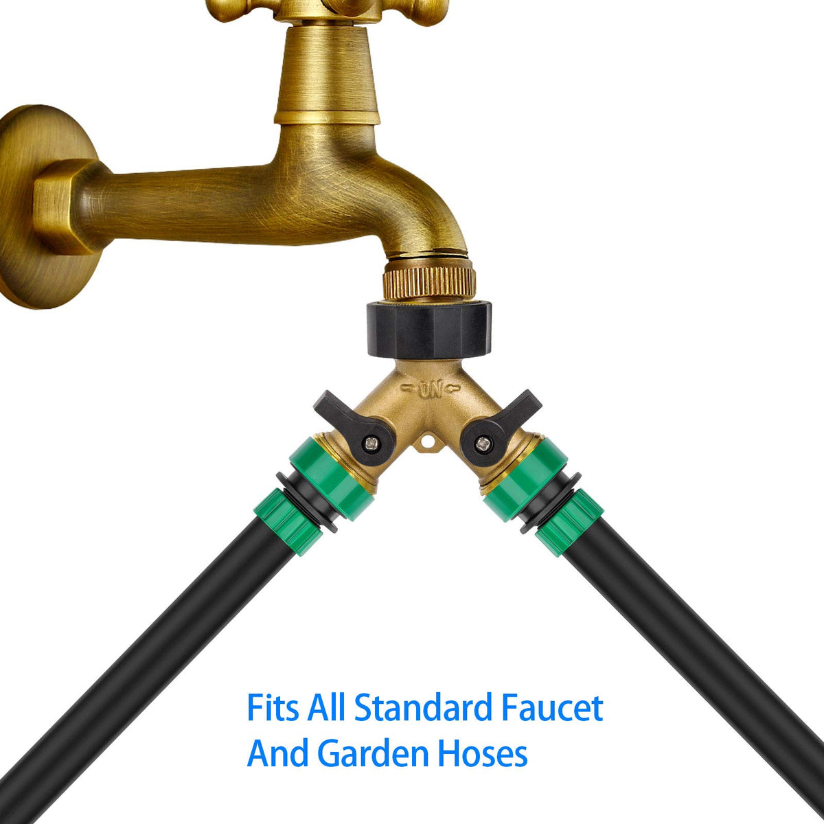 Awpeye garden setup with brass splitter illustrates sturdy construction and corrosion resistance.
