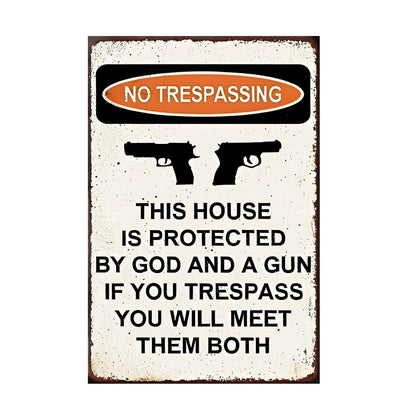 awrjdos Protected by God and Gun tin sign with bold no trespassing message for outdoors.