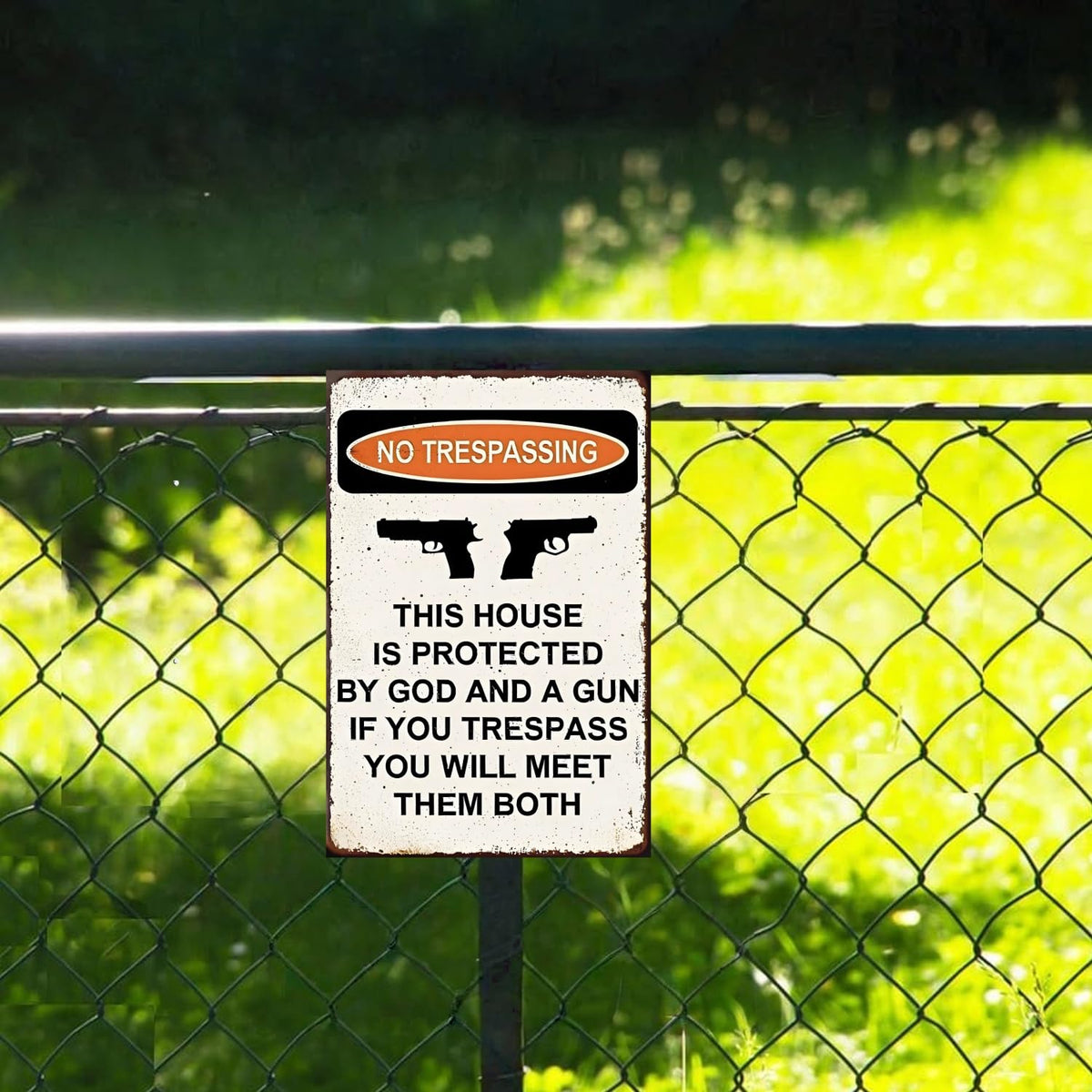 awrjdos Weatherproof tinplate sign designed to withstand sun and rain on outdoor property.