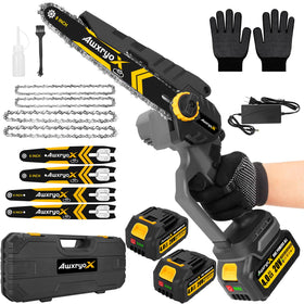 AwxryoX mini chainsaw front view showing compact power for quick pruning tasks