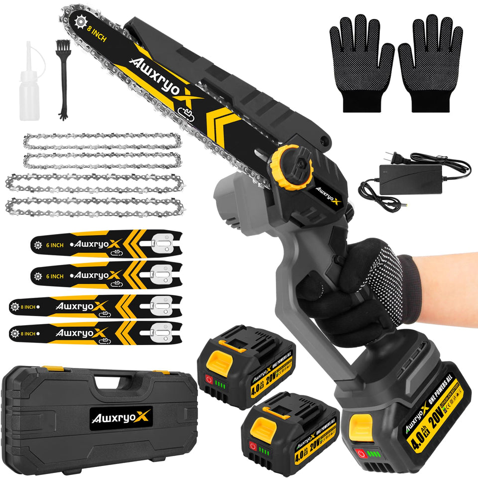 AwxryoX mini chainsaw front view showing compact power for quick pruning tasks