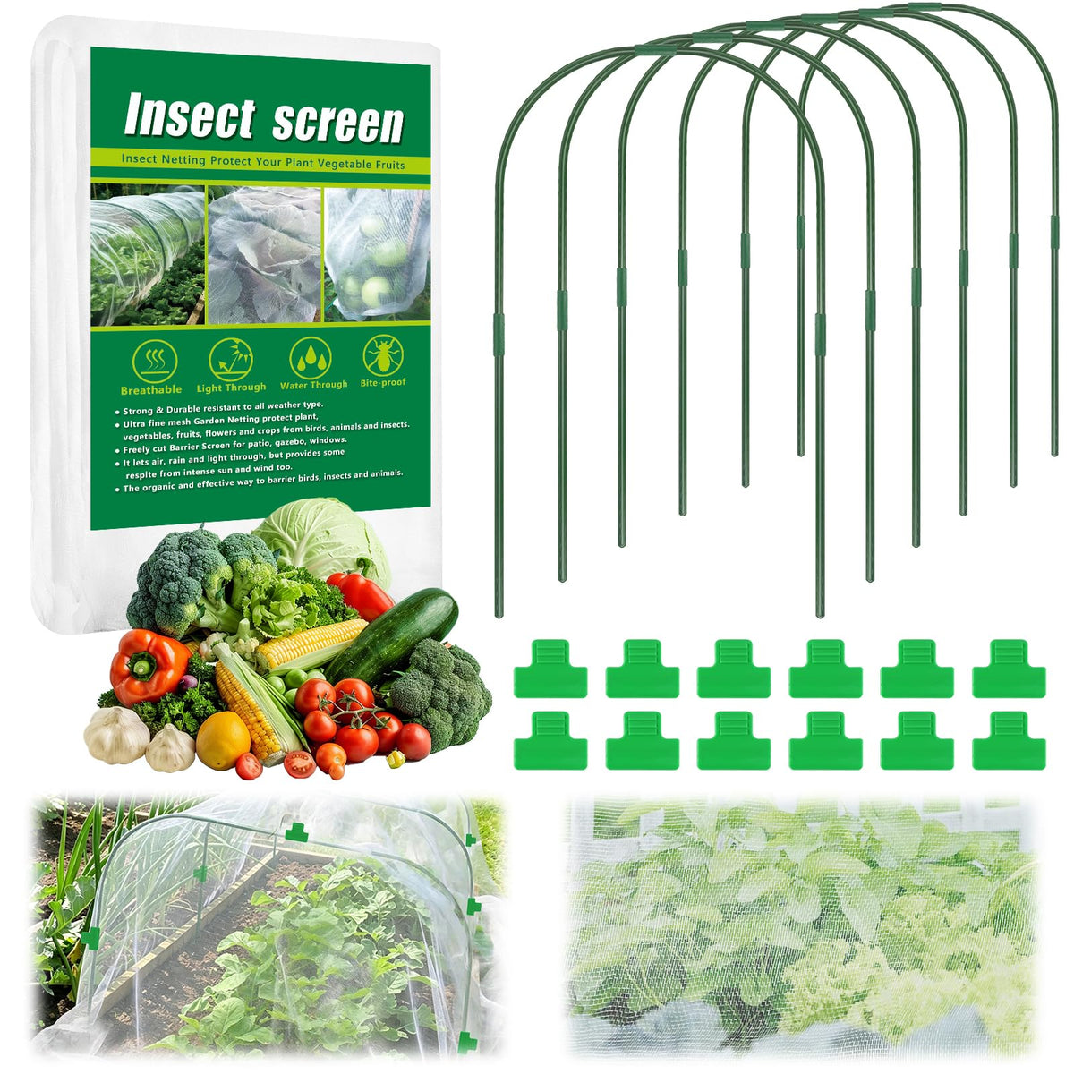 Axcoix garden netting kit 10x33ft shielding crops from pests while allowing airflow.