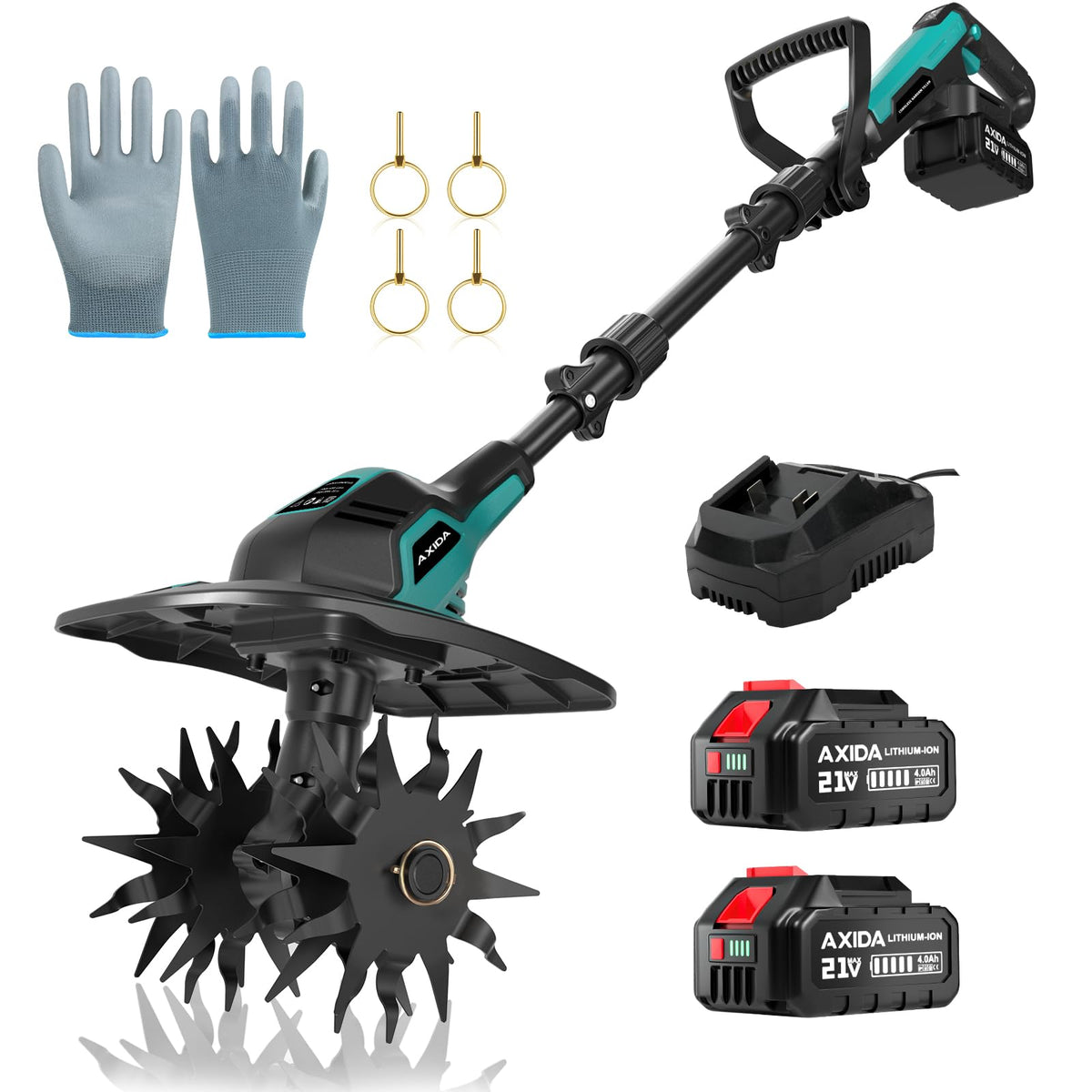 AXIDA 20V cordless tiller front view shows compact design for tight garden spaces