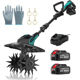 AXIDA 20V cordless tiller front view shows compact design for tight garden spaces