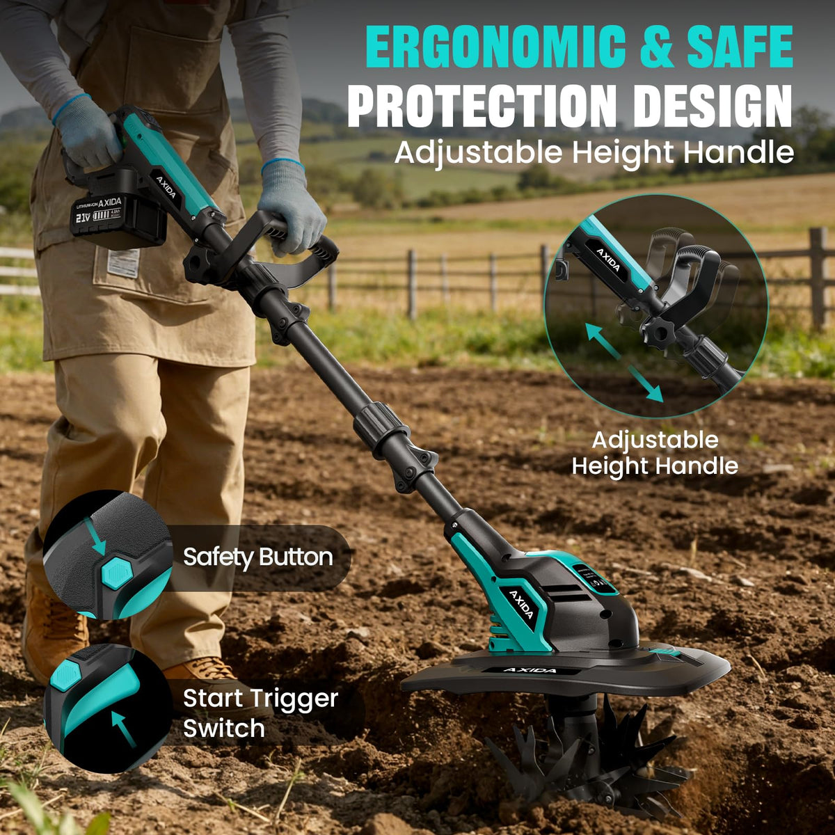 AXIDA tilling depth of 6.6 inches enabling deeper soil prep