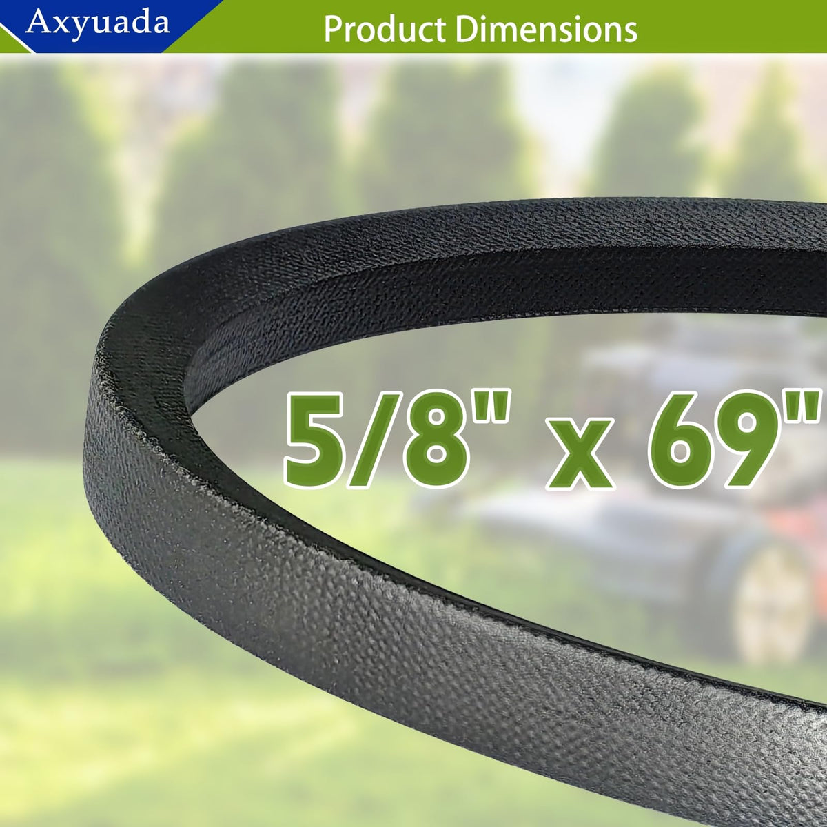 Axyuada belt packaging highlights compatibility with multiple mower brands.