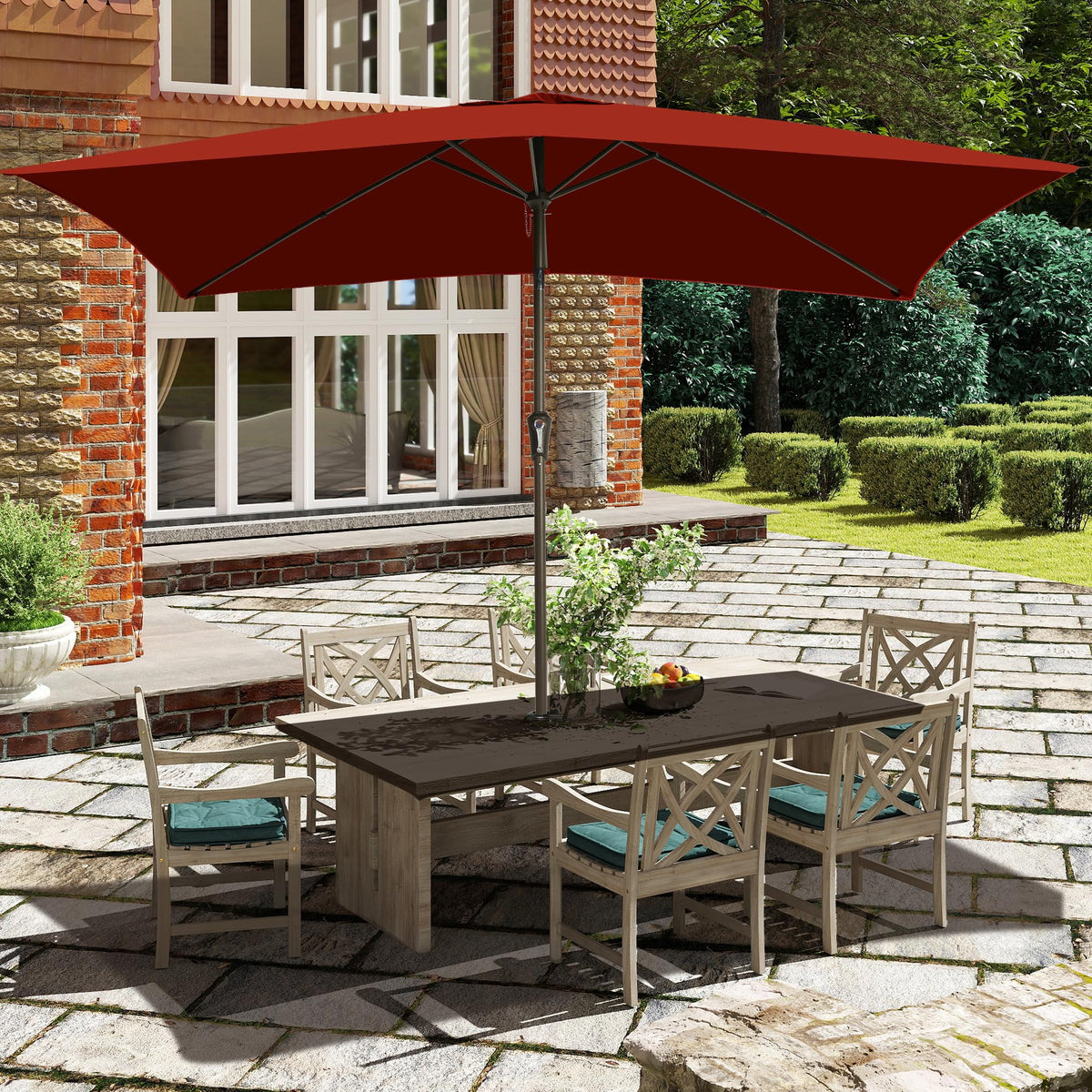 Ayge 6.5x10ft rectangular patio umbrella market setup offers adaptable shade.