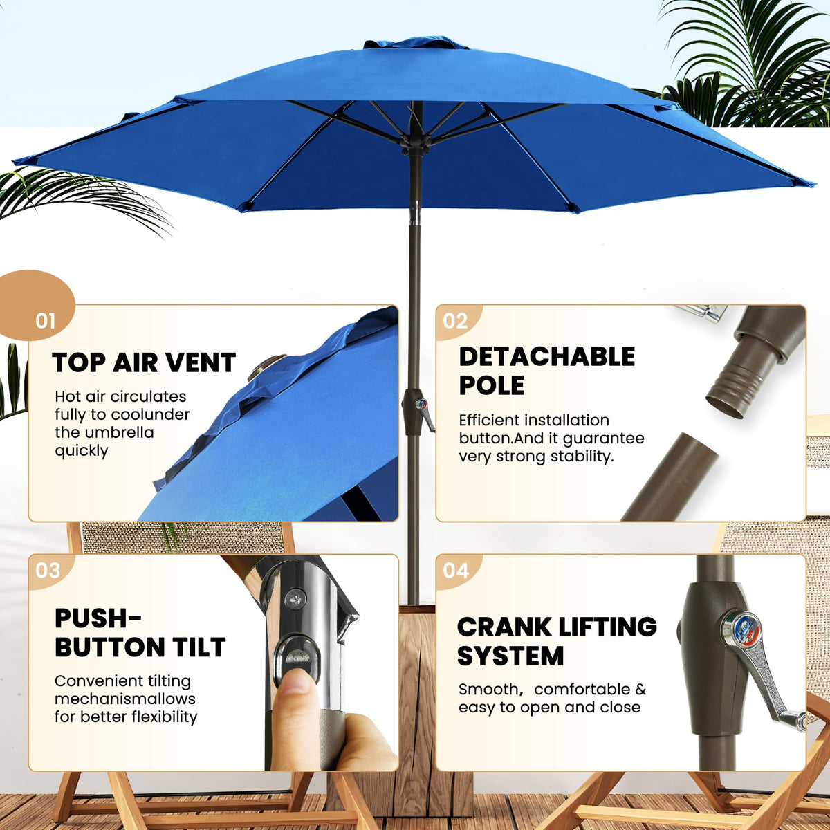 Ayge umbrella pole and fiberglass ribs demonstrate sturdy wind resistance for deck use.