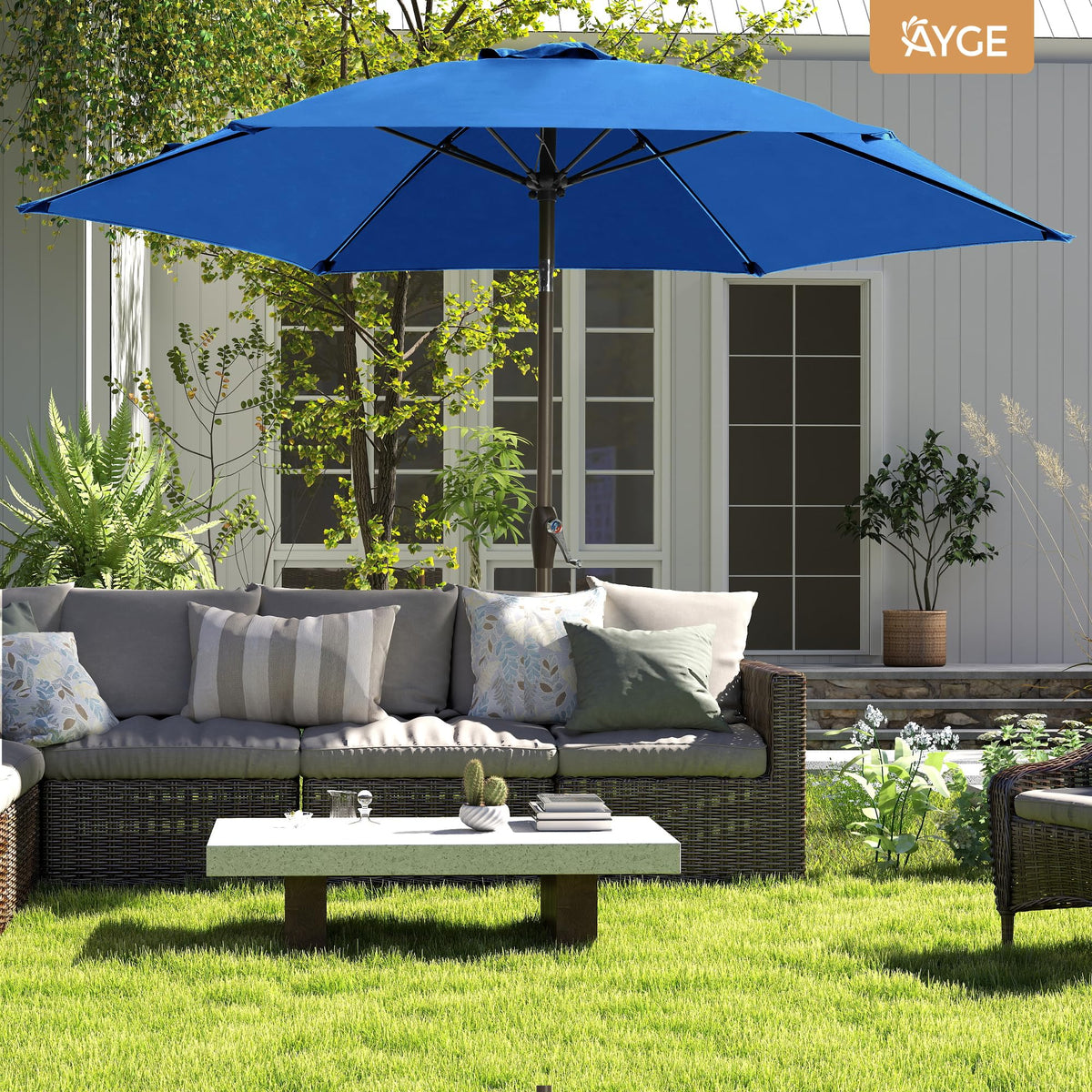 Ayge blue patio umbrella extends safety and comfort on decks, gardens, or pools.