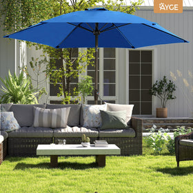 Ayge blue patio umbrella extends safety and comfort on decks, gardens, or pools.