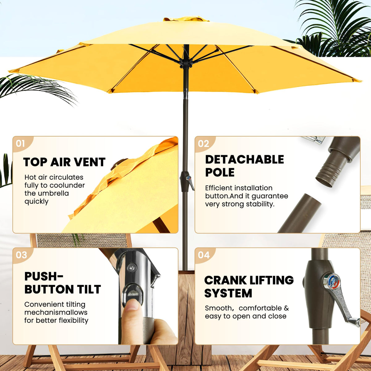 Ayge 7.5ft yellow umbrella tilt-crank mechanism in action.