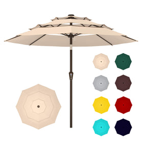 Ayge 9ft 3-tier umbrella opened, delivering wide shade for outdoor seating