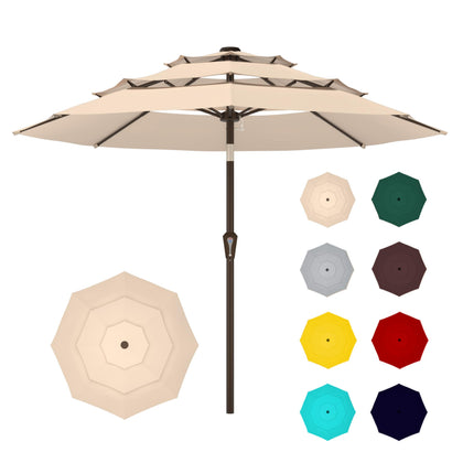 Ayge 9ft 3-tier umbrella opened, delivering wide shade for outdoor seating