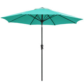 Ayge 9ft turquoise canopy umbrella shielding a sunny patio with bright shade