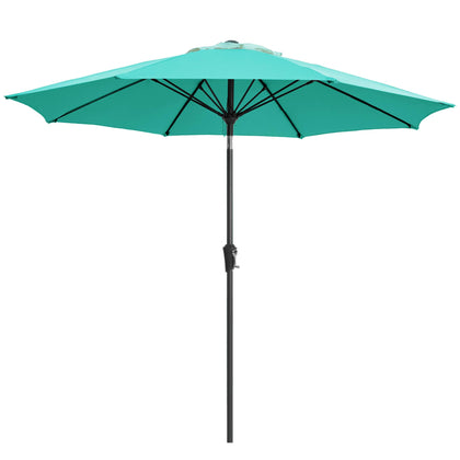 Ayge 9ft turquoise canopy umbrella shielding a sunny patio with bright shade