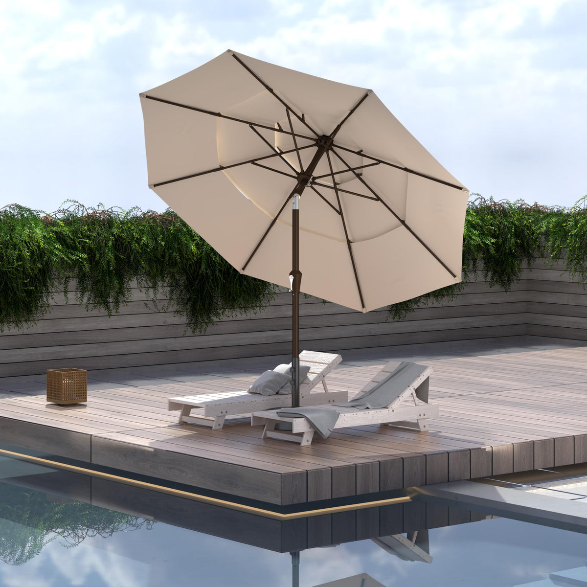 Ayge beige outdoor umbrella on a deck setting