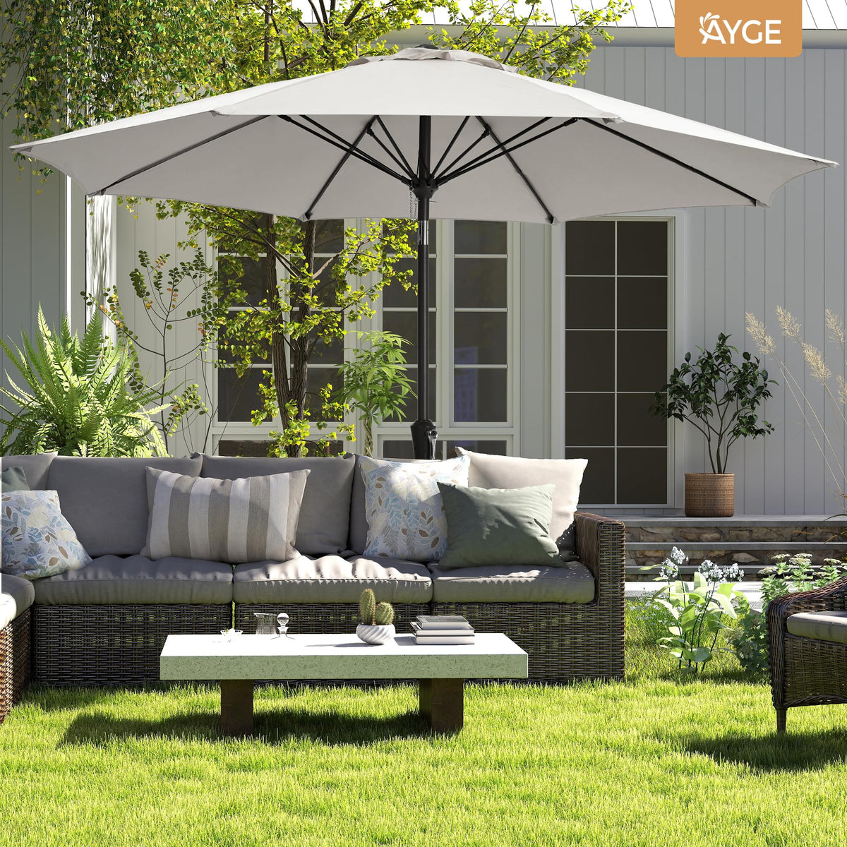 Ayge outdoor setting demonstrates comfortable sun relief under the umbrella