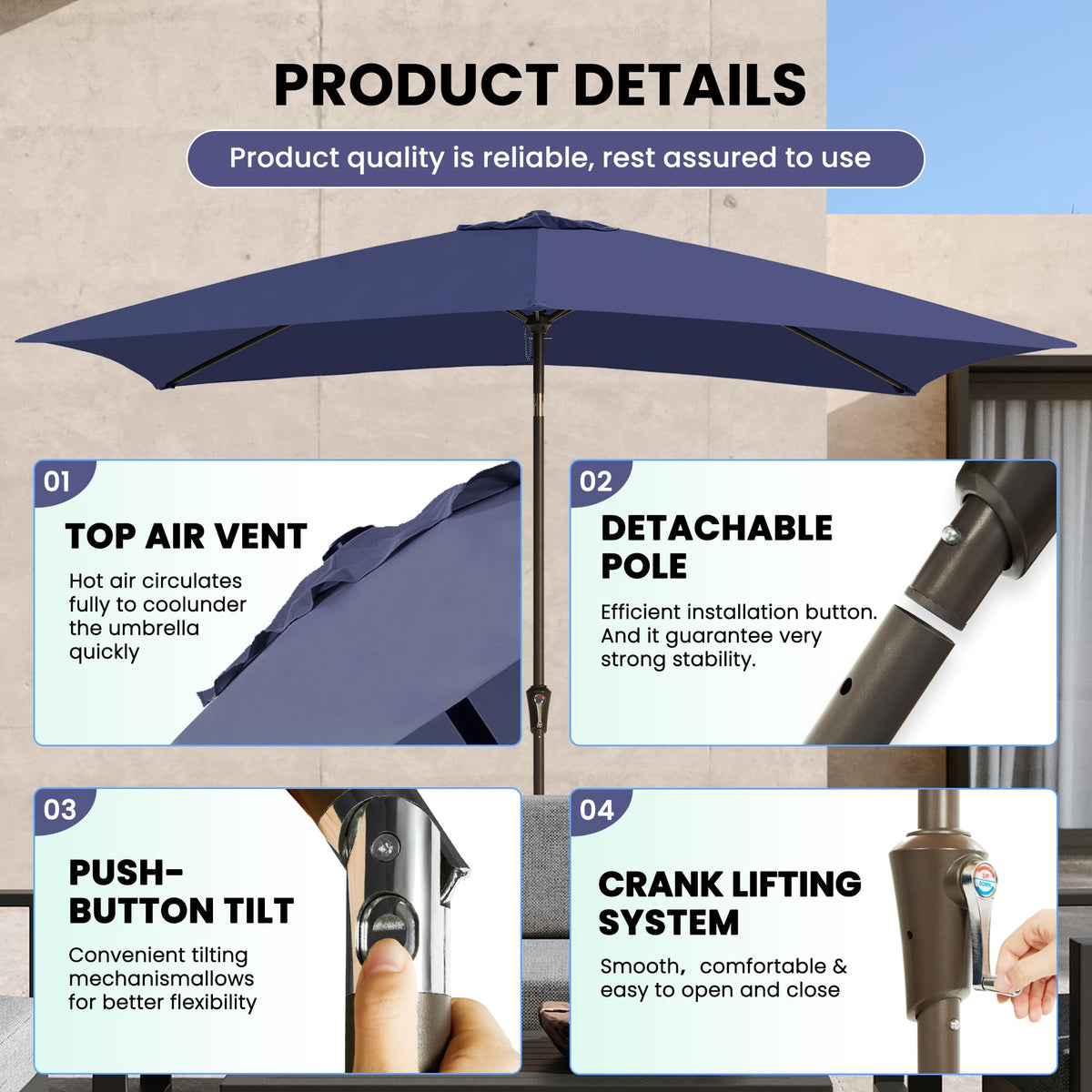 Ayge push-button tilt umbrella enables easy angle adjustments.