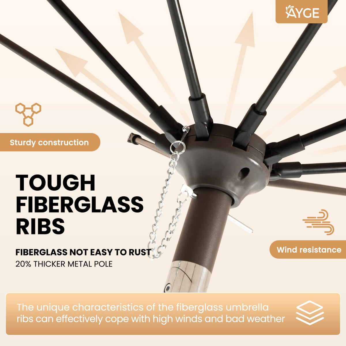 Ayge 9ft shade fits 3-4 seat tables for comfortable gatherings.