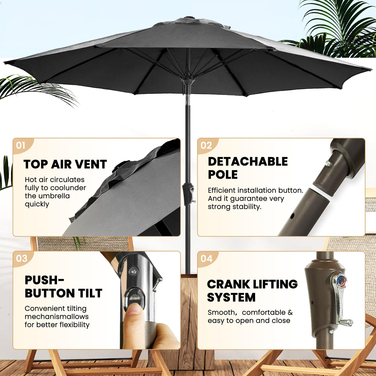 Ayge 45-degree tilt adjustment for flexible sun-tracking shade.