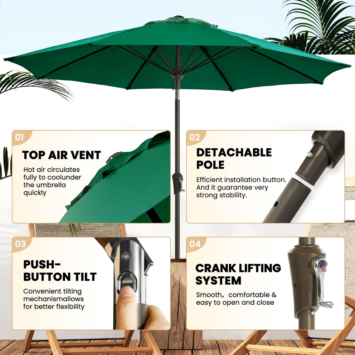 Ayge tilt and crank operation enables effortless shade adjustment throughout the day.