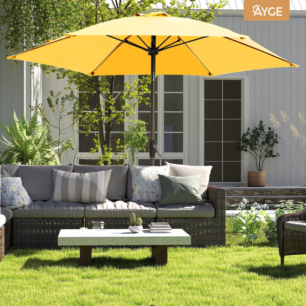 Ayge yellow outdoor umbrella ideal for decks and patios.