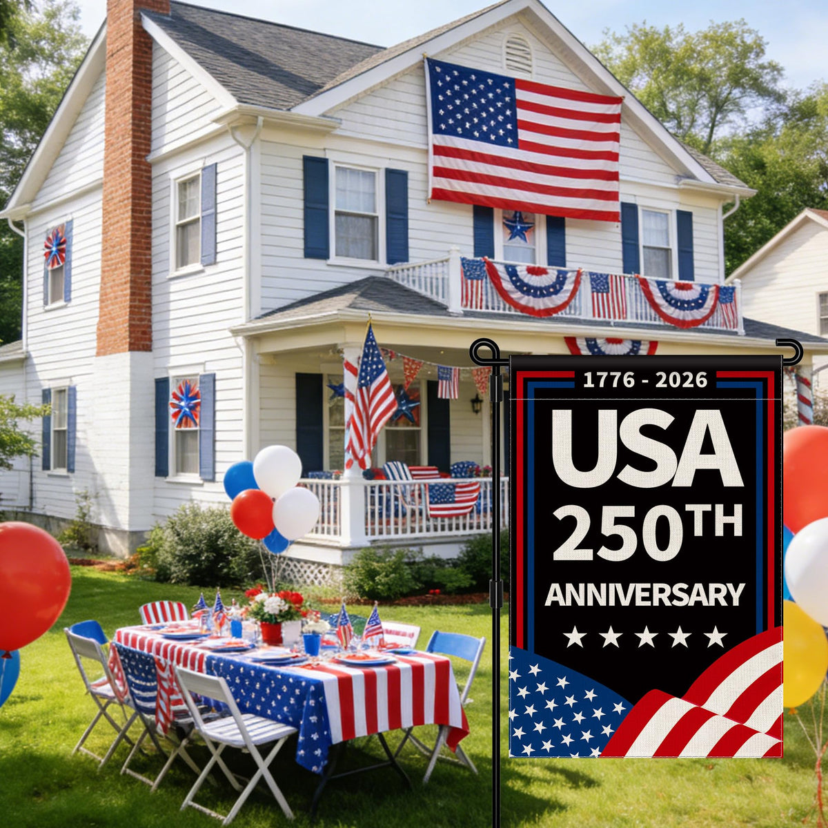 Aymolas 250th Anniversary Flag back view, same double-sided print for cohesive outdoor appeal.