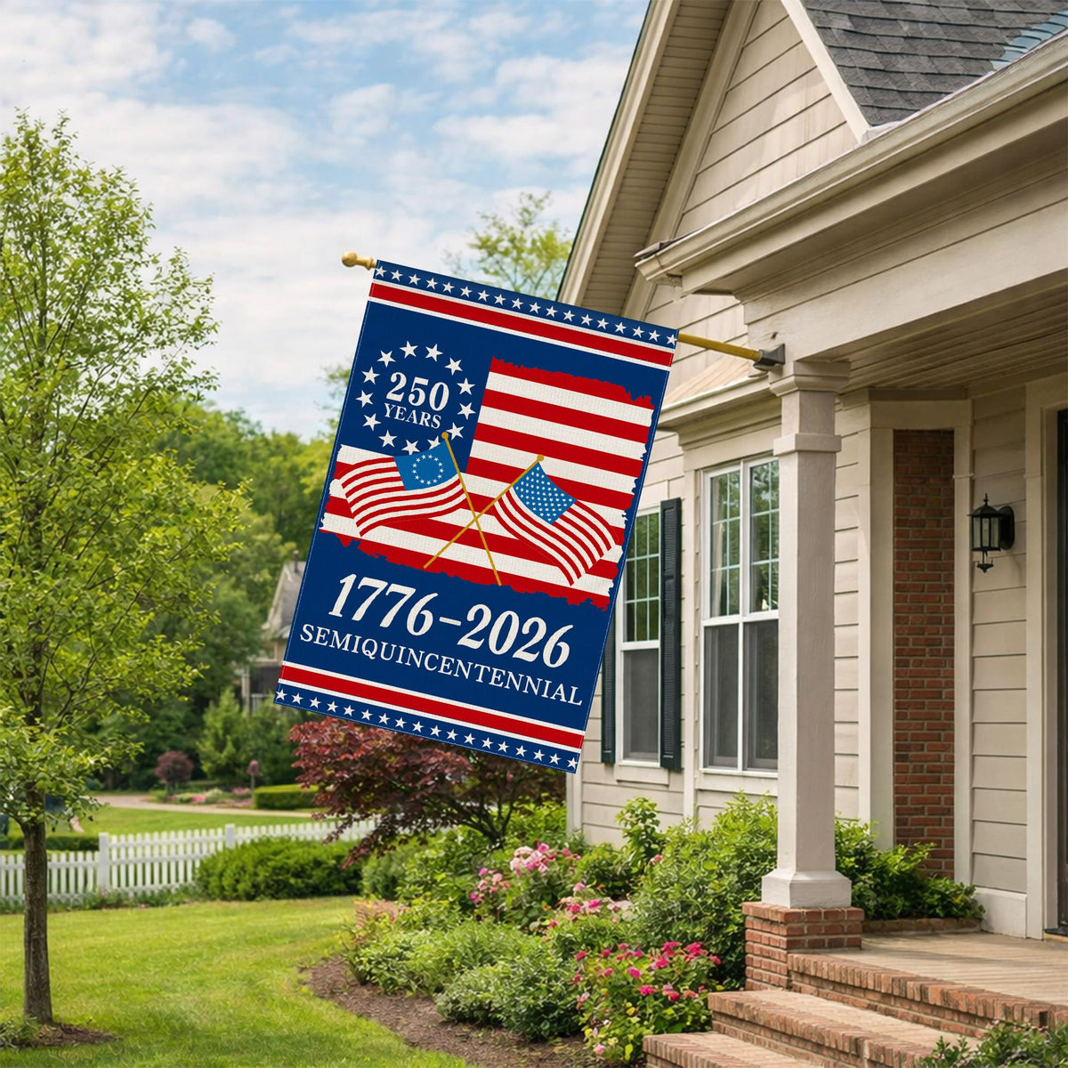 Aymolas 250th Anniversary flag back view with mirrored print for outdoors