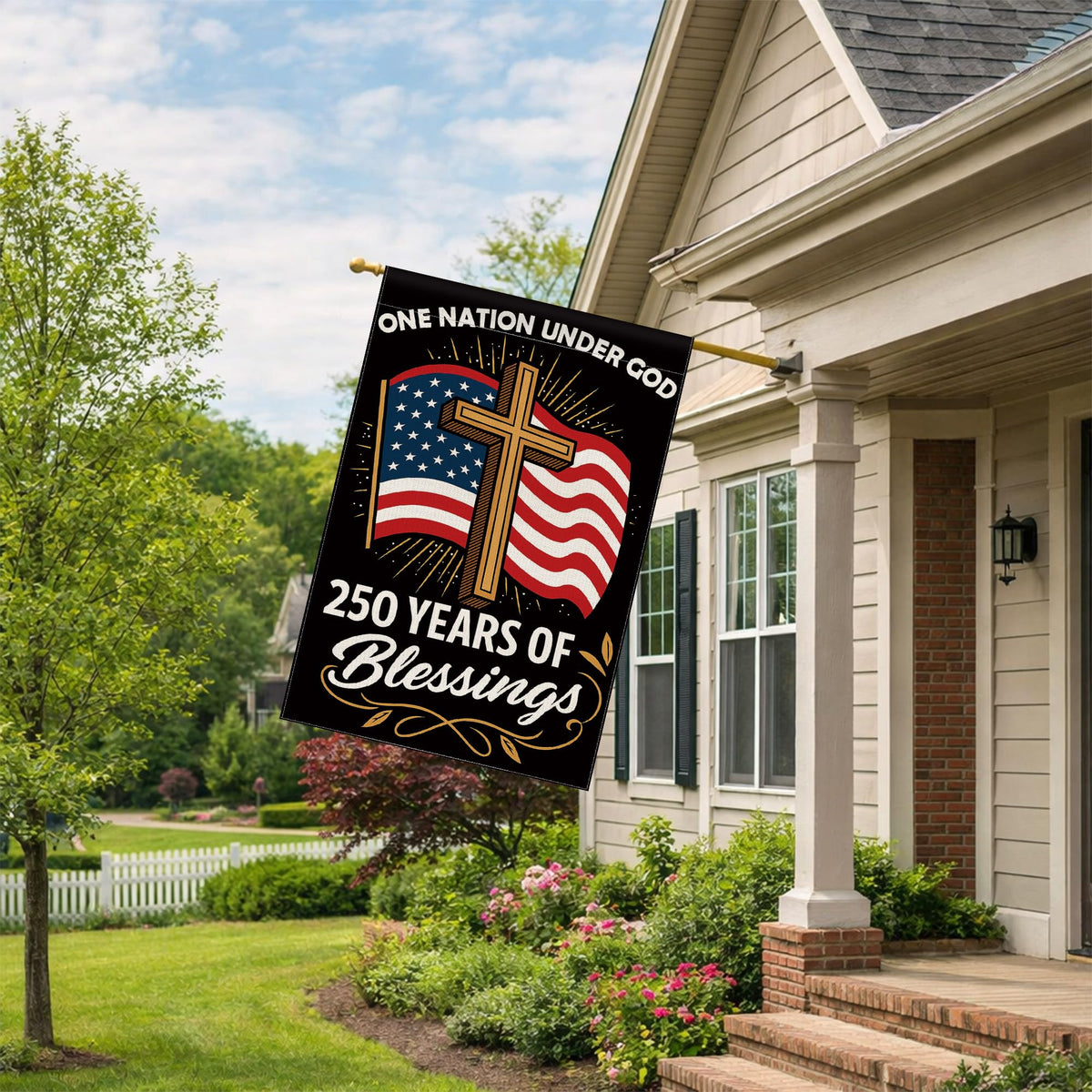 Aymolas Blessings 250 Years flag, back-side view, vibrant print from both sides for outdoor use.