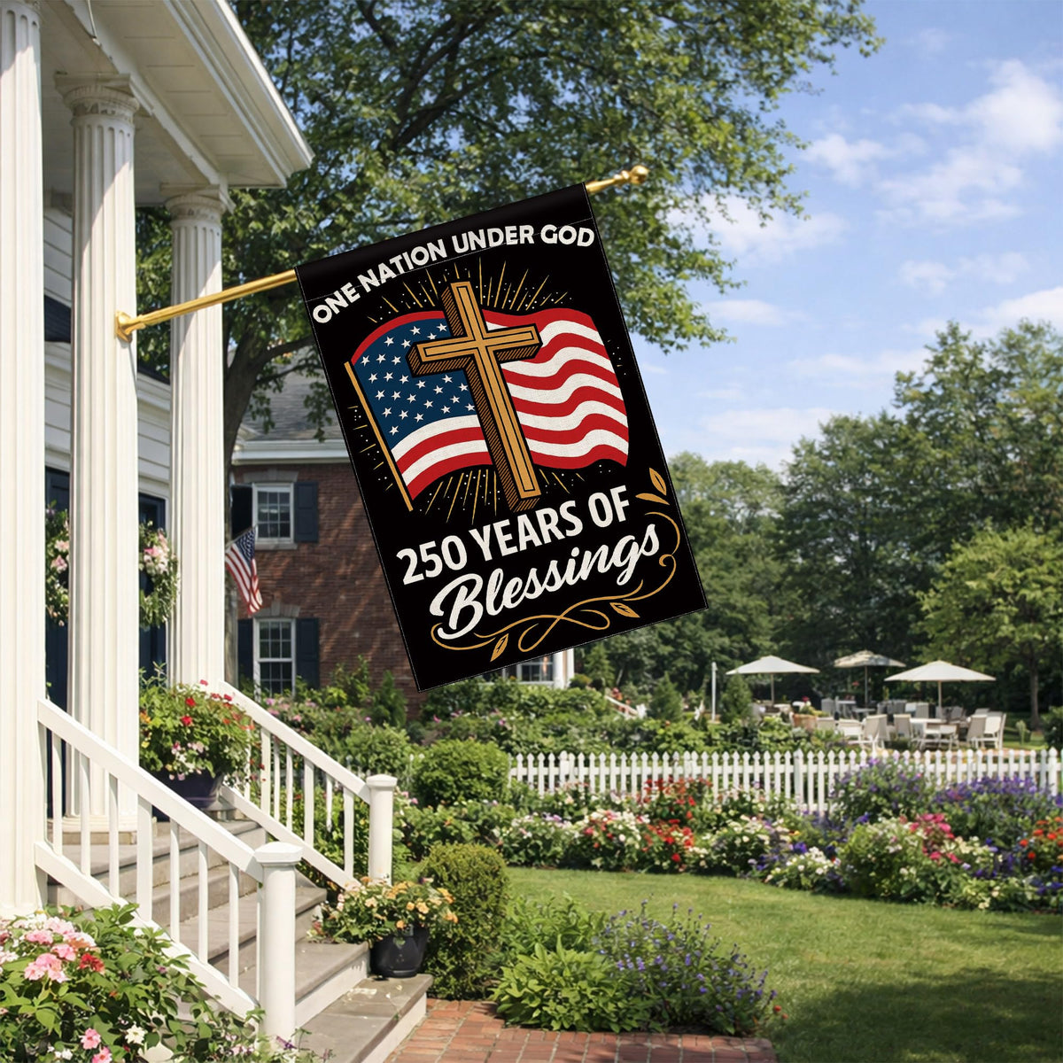 Aymolas Blessings flag, fabric close-up, durable print quality for outdoor use.