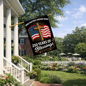 Aymolas Blessings flag, fabric close-up, durable print quality for outdoor use.