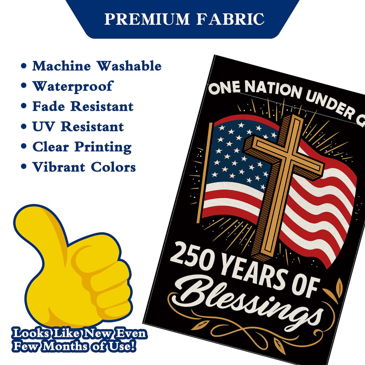 Aymolas Blessings flag, 250th anniversary motif, patriotic ambiance for celebrations.