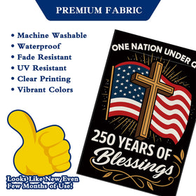 Aymolas Blessings flag, 250th anniversary motif, patriotic ambiance for celebrations.