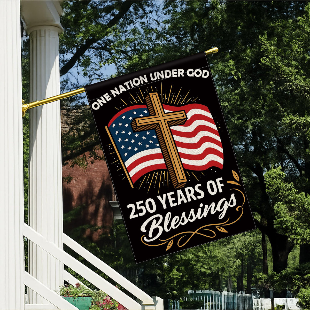 Aymolas Blessings flag, care close-up, machine-washable and fade-resistant.