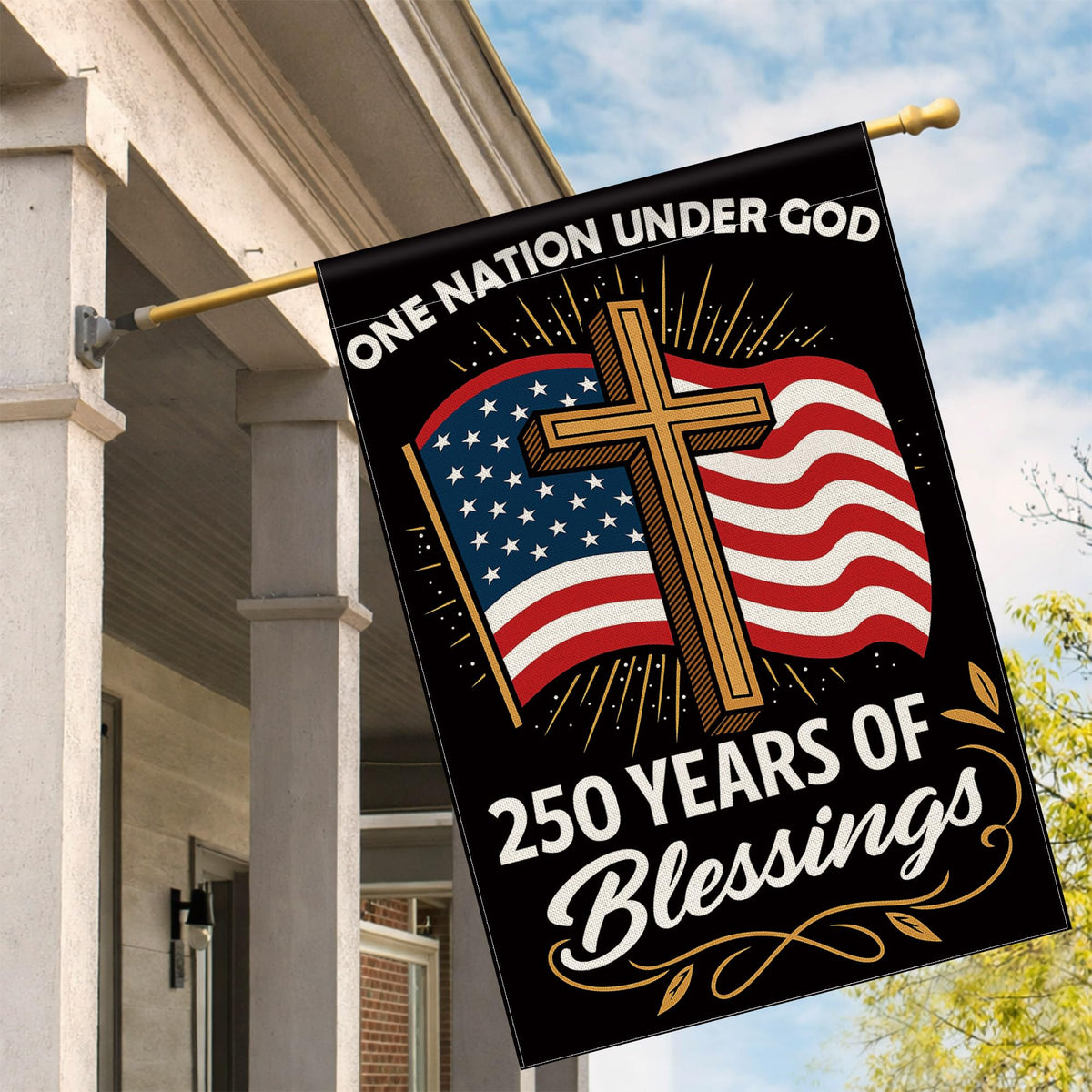 Aymolas Blessings flag, porch display, ready to hang on any fence or wall.