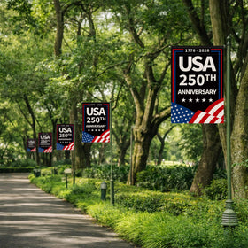 Aymolas flag displayed in a garden setting, adding patriotic ambience to outdoor space.