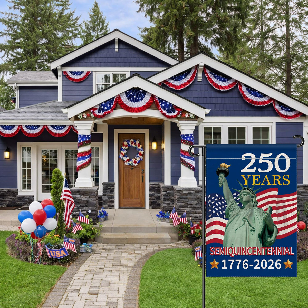 Aymolas garden flag displayed in yard enhancing curb appeal