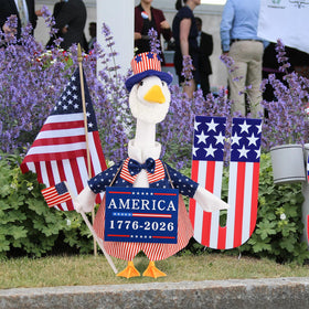 Aymolas goose outfit side view showing vibrant red, white, blue colors.