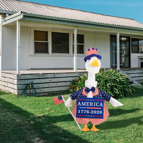 Aymolas flag hat goose look adds festive charm to lawn.