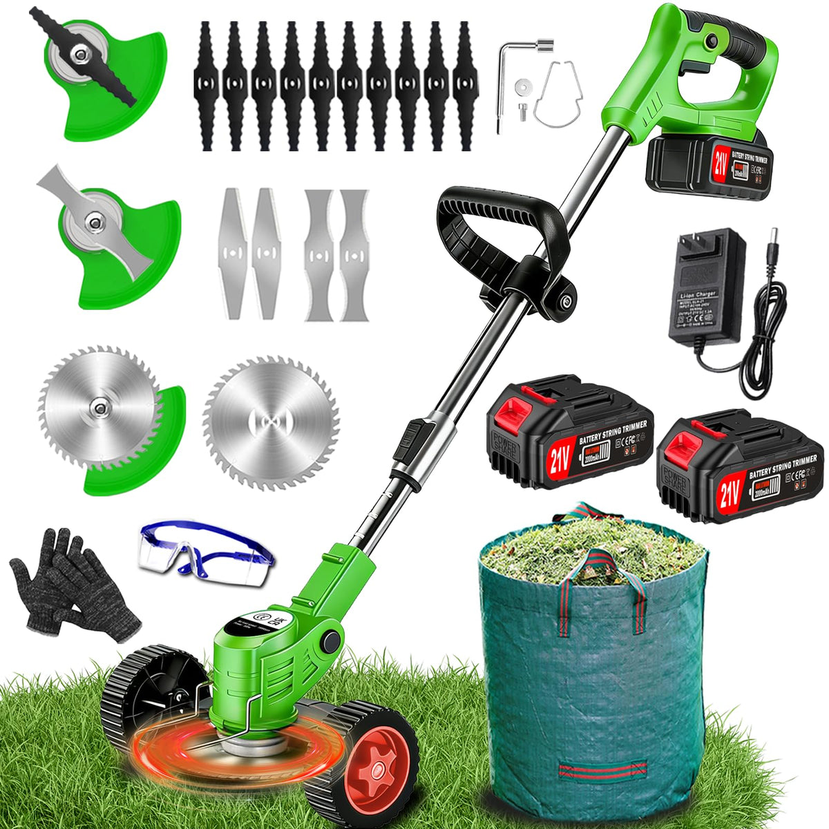 AYSLCKR cordless weed wacker front view highlights powerful trimming with low noise for neat yard edges.