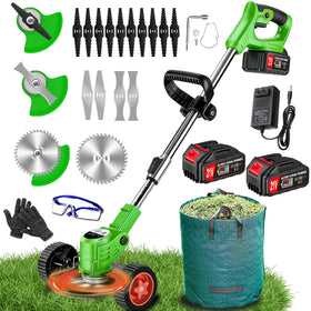 AYSLCKR cordless weed wacker front view highlights powerful trimming with low noise for neat yard edges.