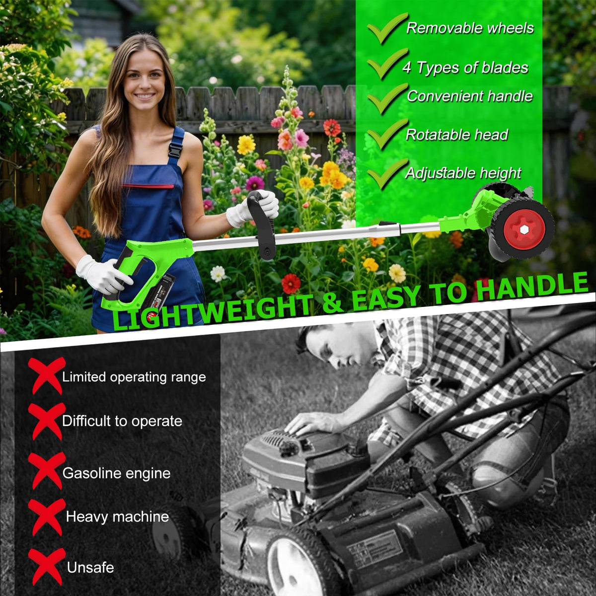 AYSLCKR four-blade system tackles delicate grass to thick weeds.